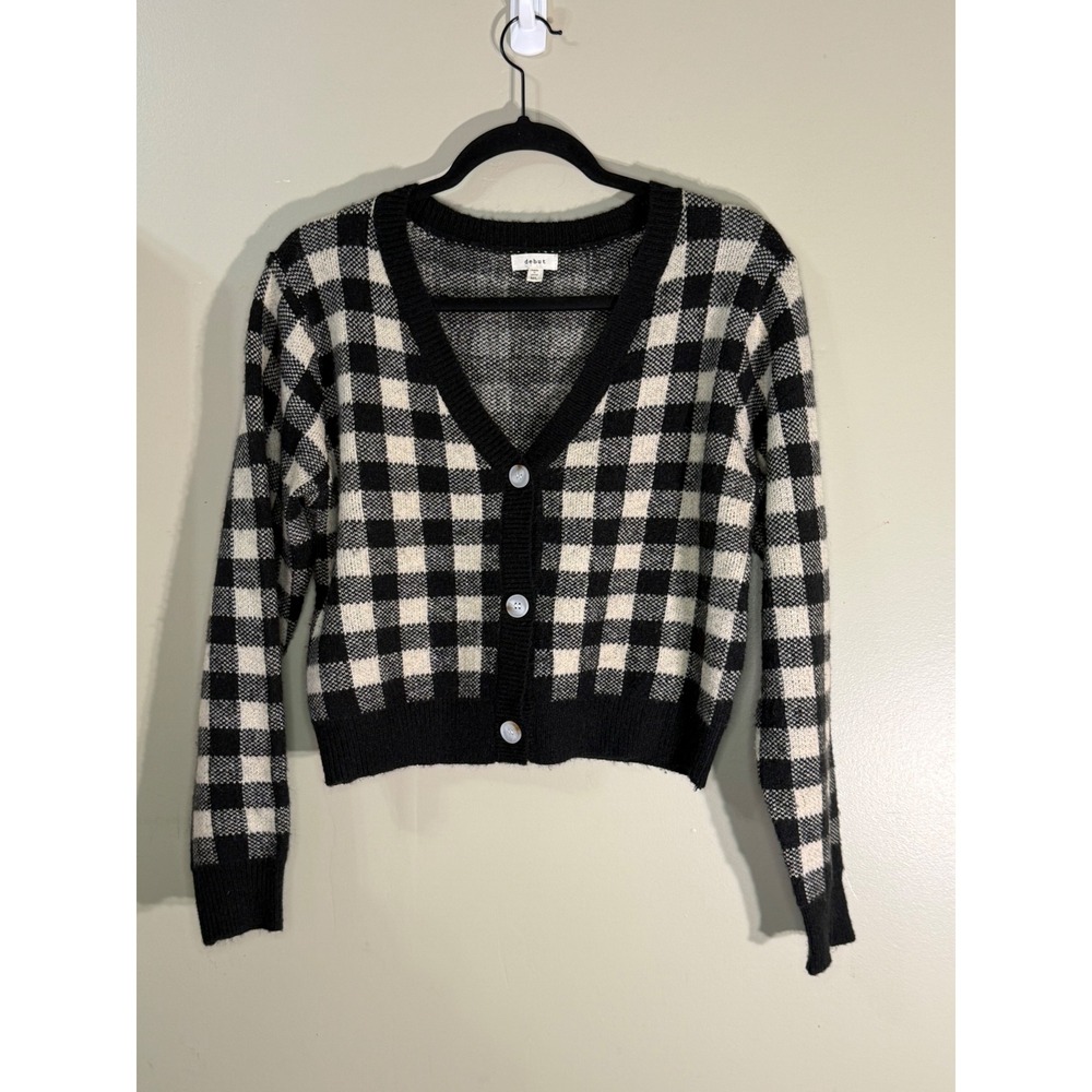 Debut Black White Buffalo Plaid Cropped Cardigan Sweater V-Neck M/L Y6755